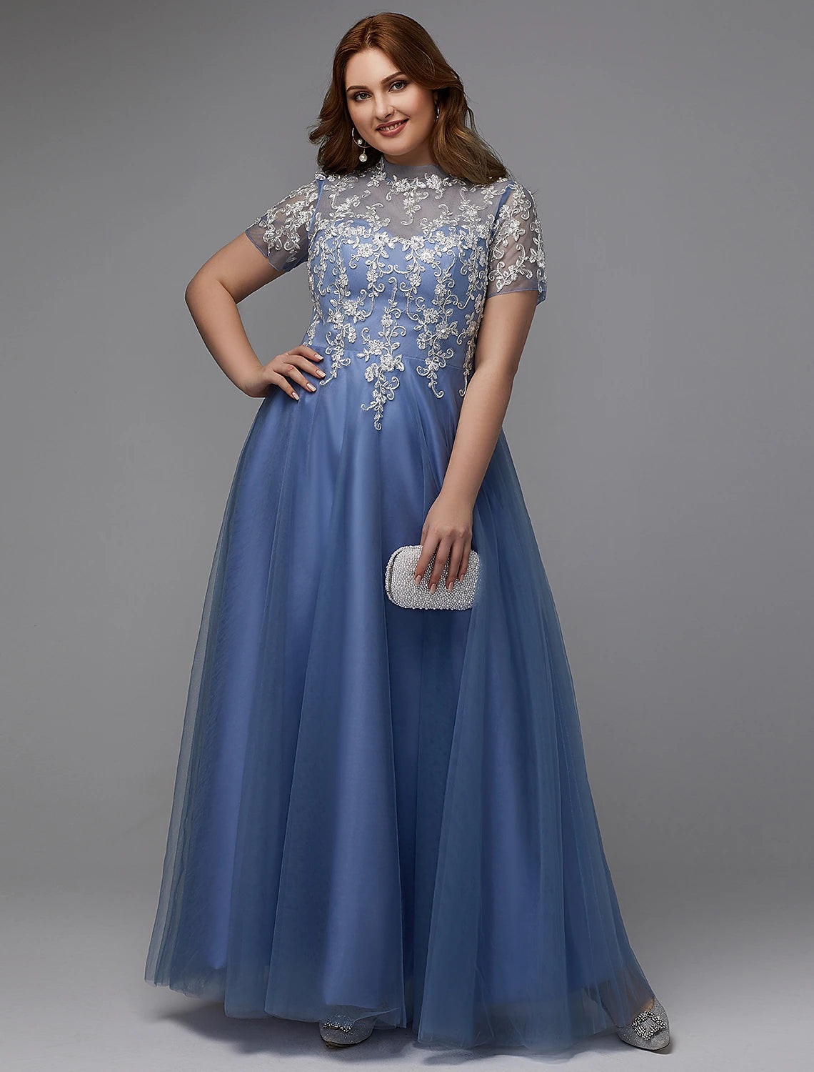 Vestido de talla grande de corte A para invitada de boda, baile de graduación, largo hasta el suelo, manga corta, cuello alto, encaje con cordones y apliques