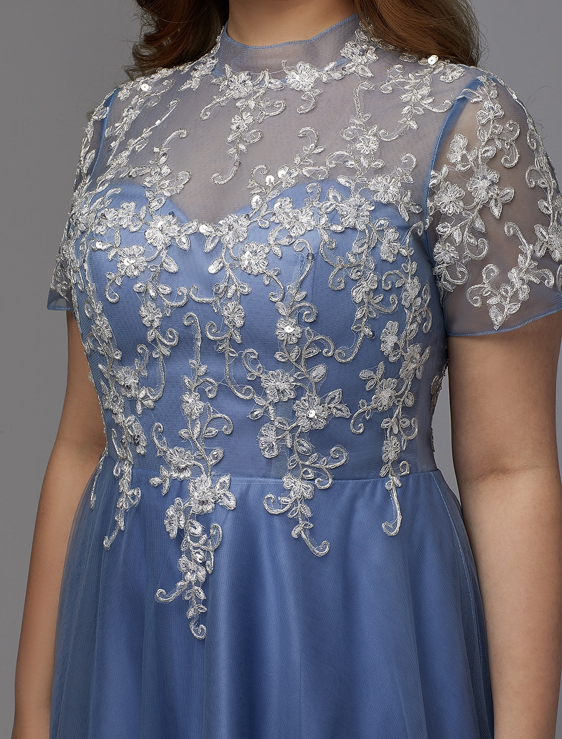 Vestido de talla grande de corte A para invitada de boda, baile de graduación, largo hasta el suelo, manga corta, cuello alto, encaje con cordones y apliques