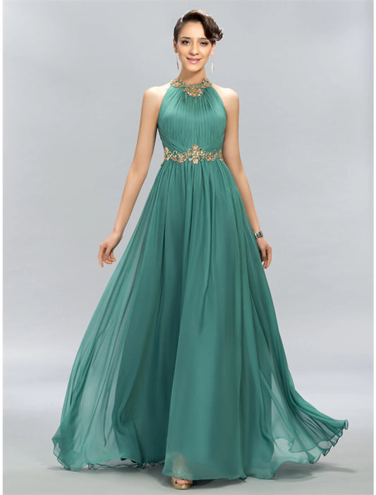 A-Linien-Kleid für Hochzeitsgäste, Maxikleid, Partykleidung, Hochzeitsfeier, bodenlang, ärmellos, Neckholder, Chiffon mit gerüschten Applikationen