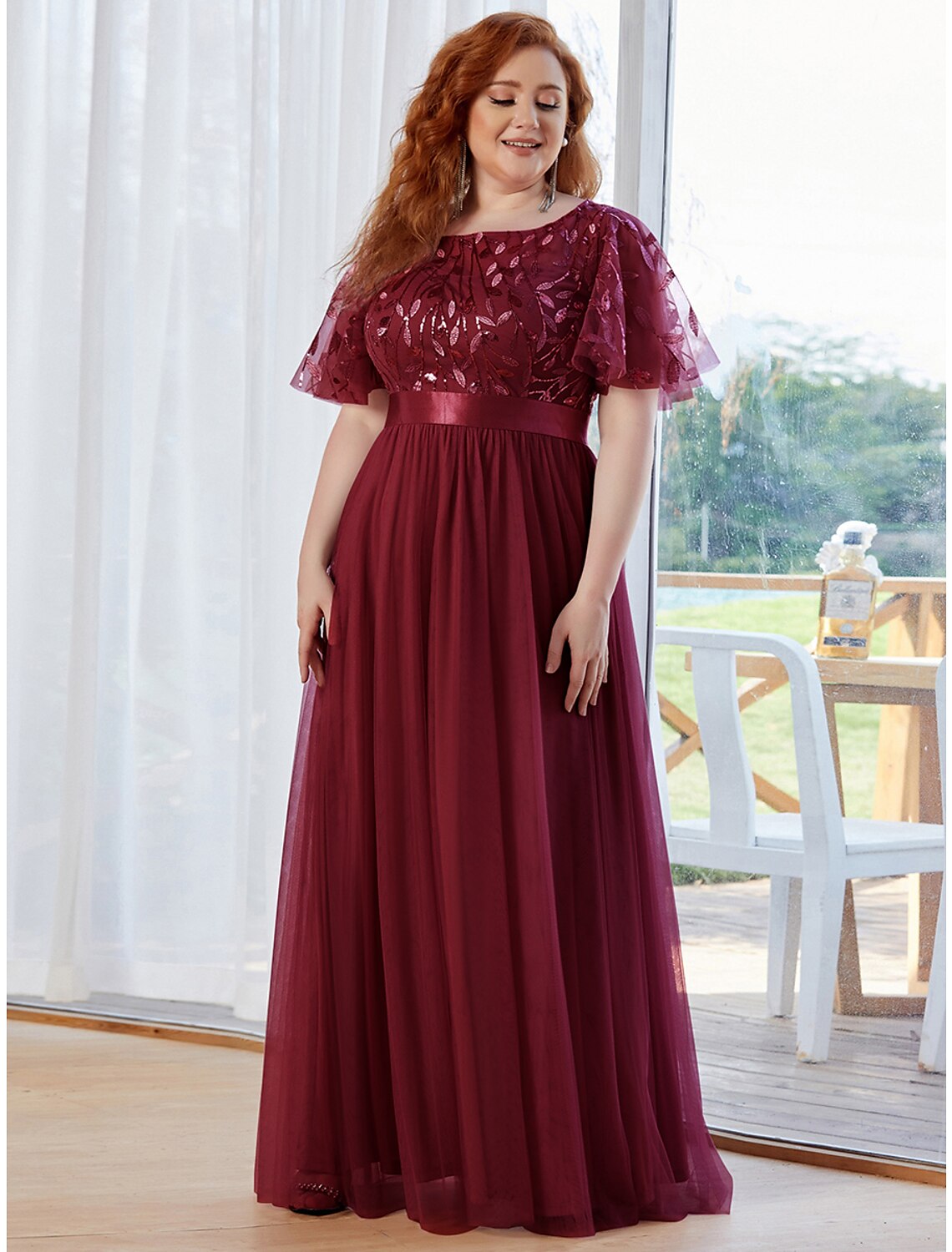 A-Line Prom Dresses Vintage Dress Prom Floor Length Short Sleeve Jewel Neck Tulle with Sequin Ruffles Applique
