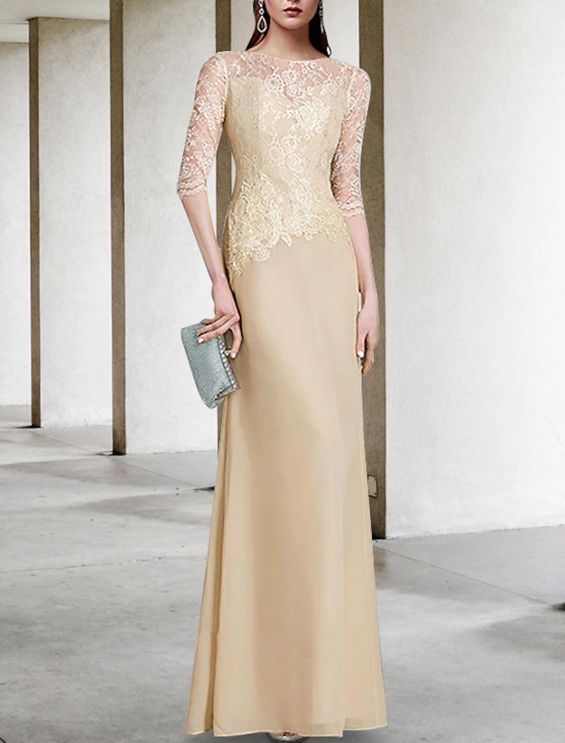 Vestido de Madre de la Novia con Corte en Columna, Elegante, para Invitadas de Boda, Escote Joya, Largo hasta el Suelo, Gasa, Media Manga con Encaje, Color Sólido