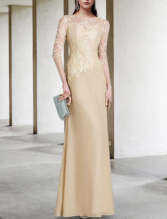 Sheath / Column Mother of the Bride Dress Wedding Guest Elegant Jewel Neck Floor Length Chiffon Half Sleeve with Lace Solid Color
