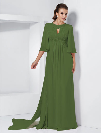 A-Linie Kleider für besondere Anlässe Elegantes Kleid für Hochzeitsgäste Formeller Abend Sweep/Pinsel Schleppe Halbe Ärmel Rundhalsausschnitt Chiffon mit Perlenbesatz Drapierung
