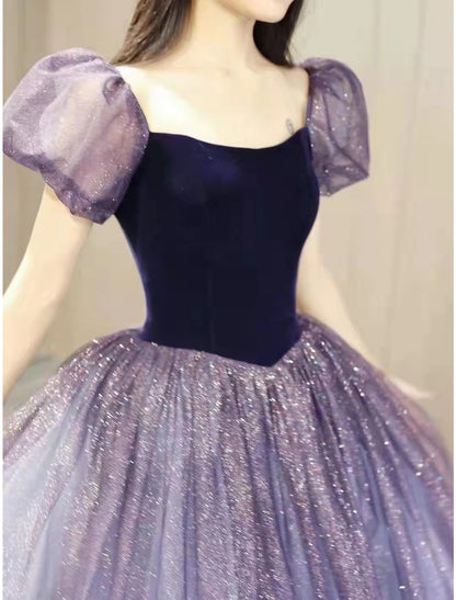 Ballkleid-Abschlussballkleider, süßes Kleid, Verlobungs-Abschlussball, bodenlang, kurze Ärmel, quadratischer Ausschnitt, Tüll mit Pailletten-Spleißen