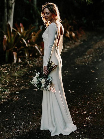 Sheath/Column Jewel Long Sleeves Floor-Length Ruffles Stretch Crepe Wedding Dresses
