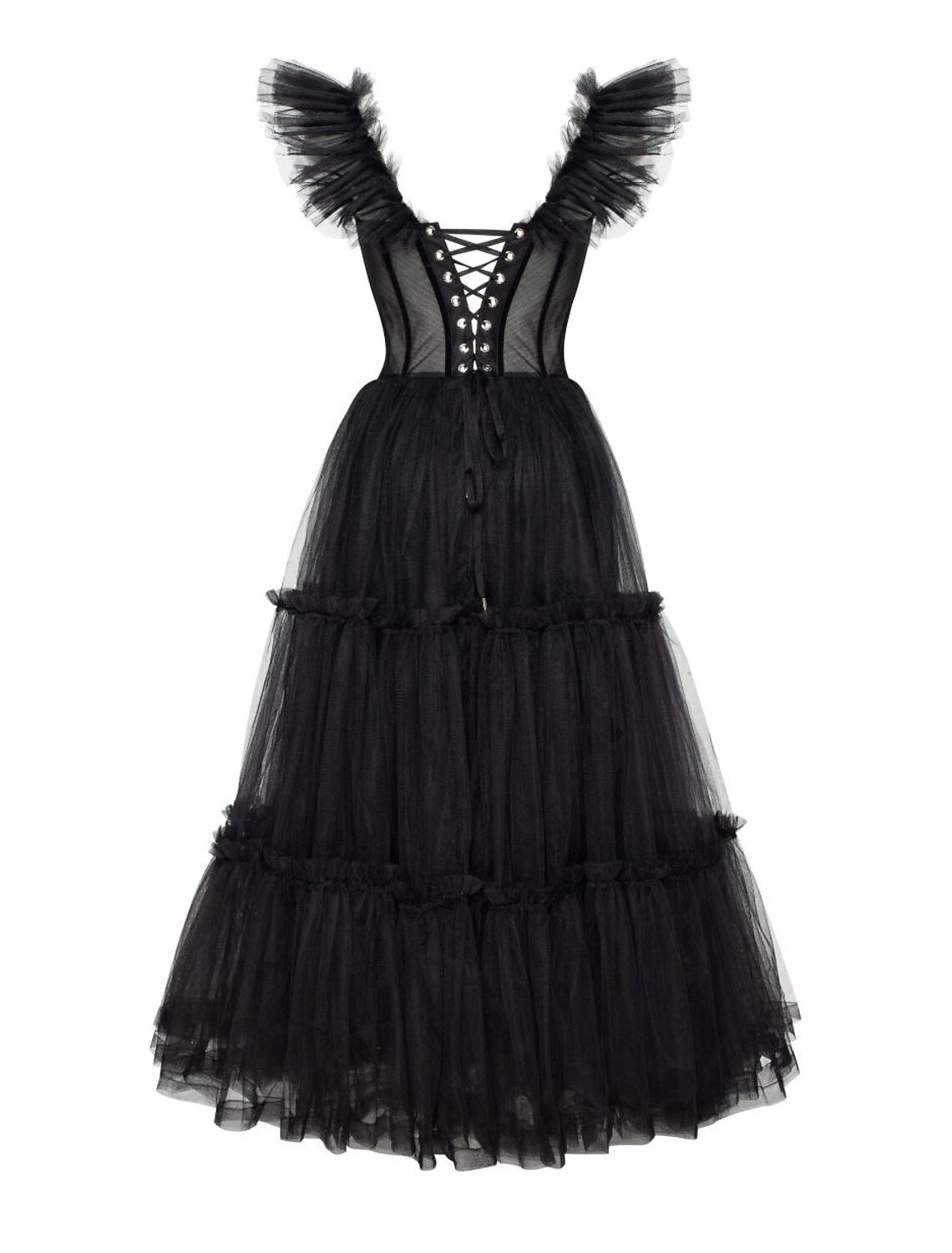 A-Linien-Abschlussballkleid in Schwarz, Vintage-Kleid, Maskerade, knöchellang, ärmellos, Sweetheart Wednesday, Addams Family, Tüll, überkreuzter Rücken mit Falten und Rüschen