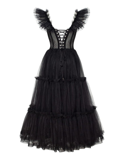 A-Linien-Abschlussballkleid in Schwarz, Vintage-Kleid, Maskerade, knöchellang, ärmellos, Sweetheart Wednesday, Addams Family, Tüll, überkreuzter Rücken mit Falten und Rüschen