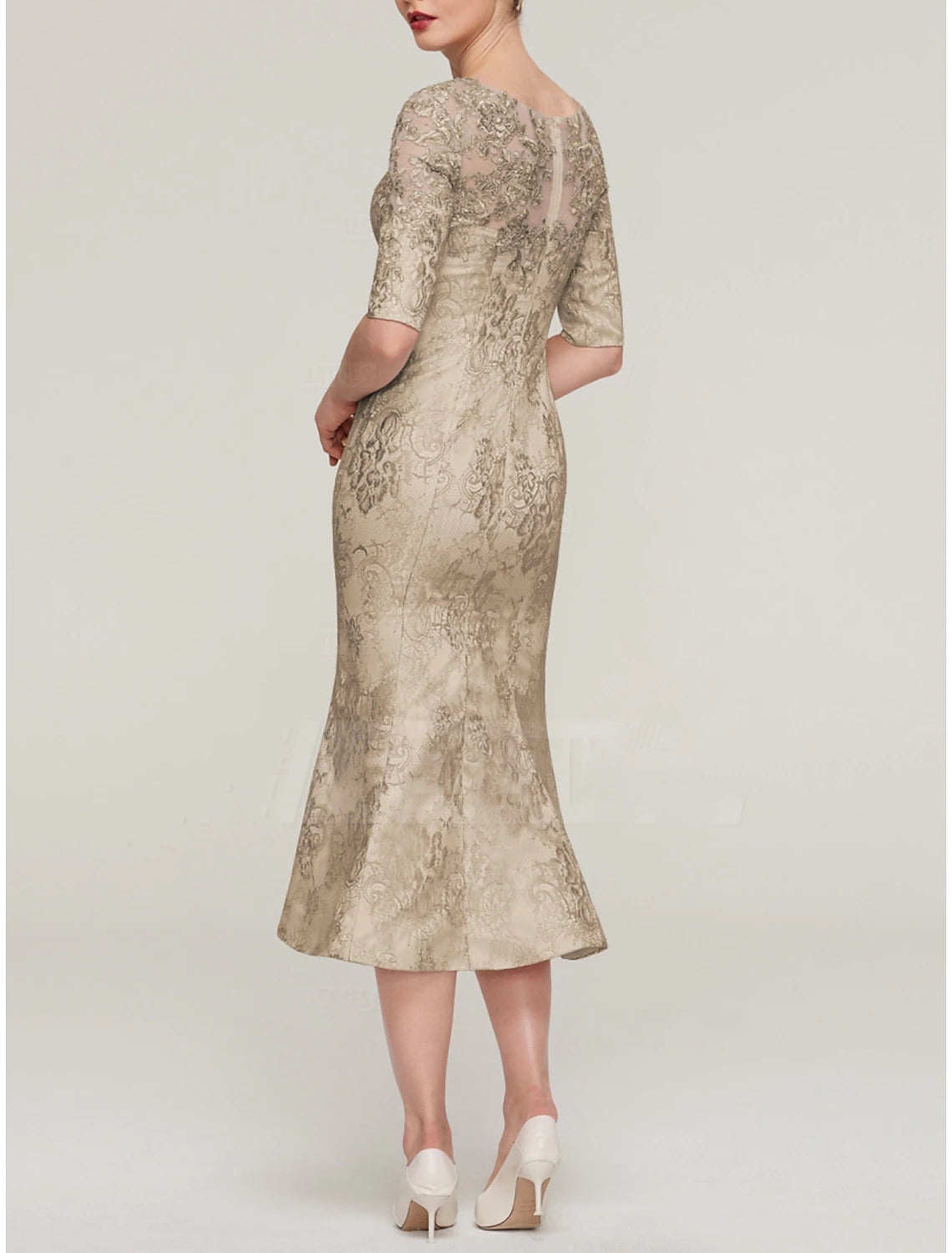 Vestido de sirena/trompeta para madre de la novia, elegante, estilo invitada de boda, escote joya, largo hasta la rodilla, satén elástico, imitación seda, media manga con pliegues de encaje.