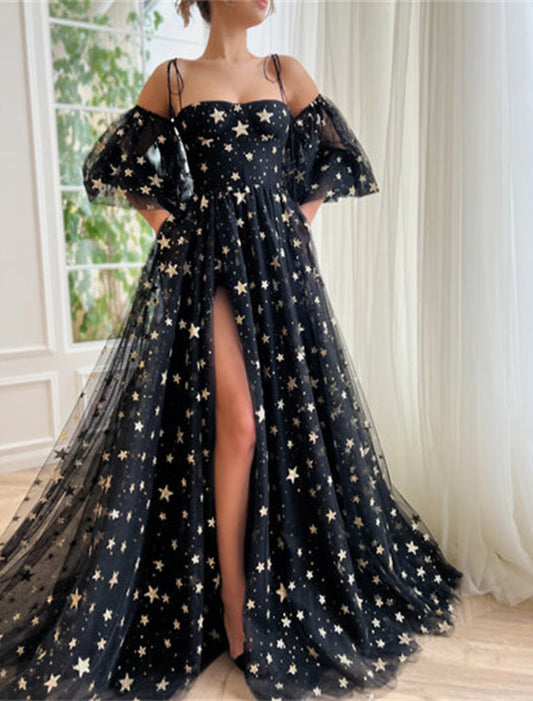 Vestidos de fiesta de corte A, brillantes y con brillo, para bodas, fiestas, cumpleaños, con cola larga/cortada, media manga, hombros descubiertos, tul con abertura con lentejuelas