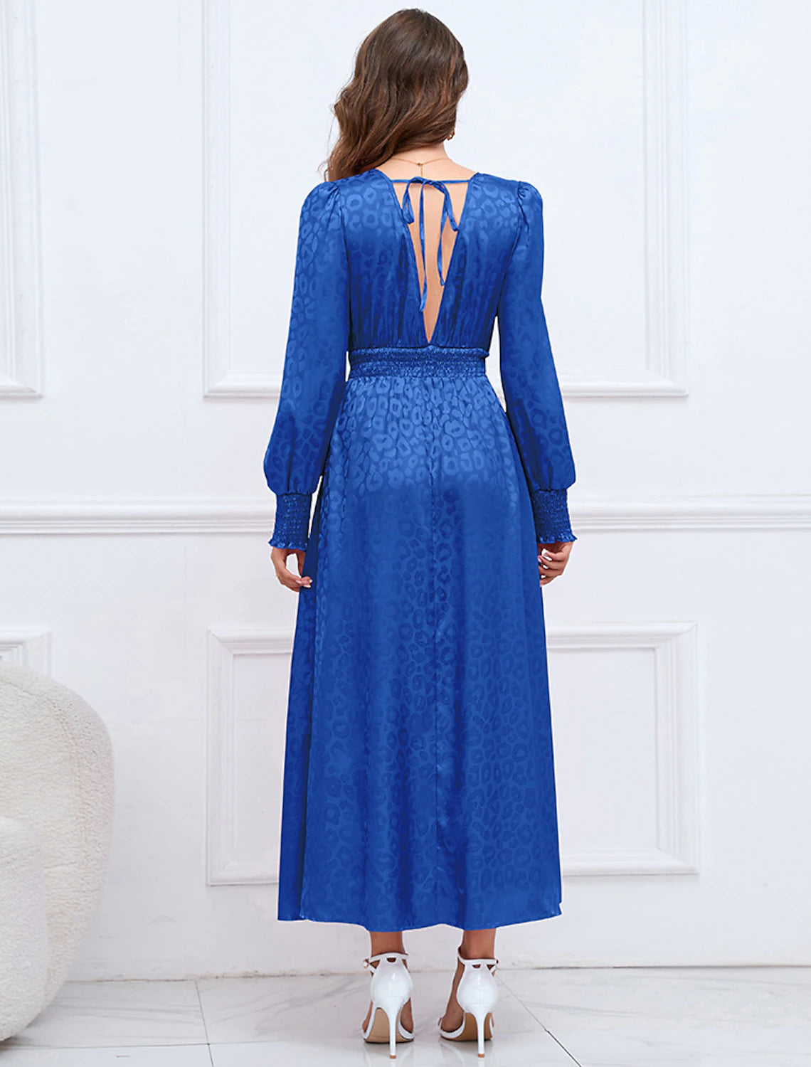 Vestidos de fiesta de corte A, elegantes, formales, de otoño, largos hasta los tobillos, mangas largas, cuello en V, de satén con volantes estampados