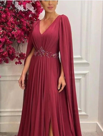 A-Line Mother of the Bride Dress Formal Wedding Guest Elegant V Neck Sweep / Brush Train Chiffon Sleeveless with Pleats Split Front Crystal Brooch