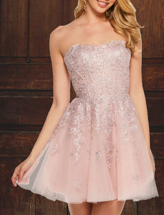 A-Linie Ballkleider Übergröße Kleid Homecoming Abschlussfeier Kurz/Mini Ärmellos Trägerlos Rosa Kleid Tüll mit Applikationen