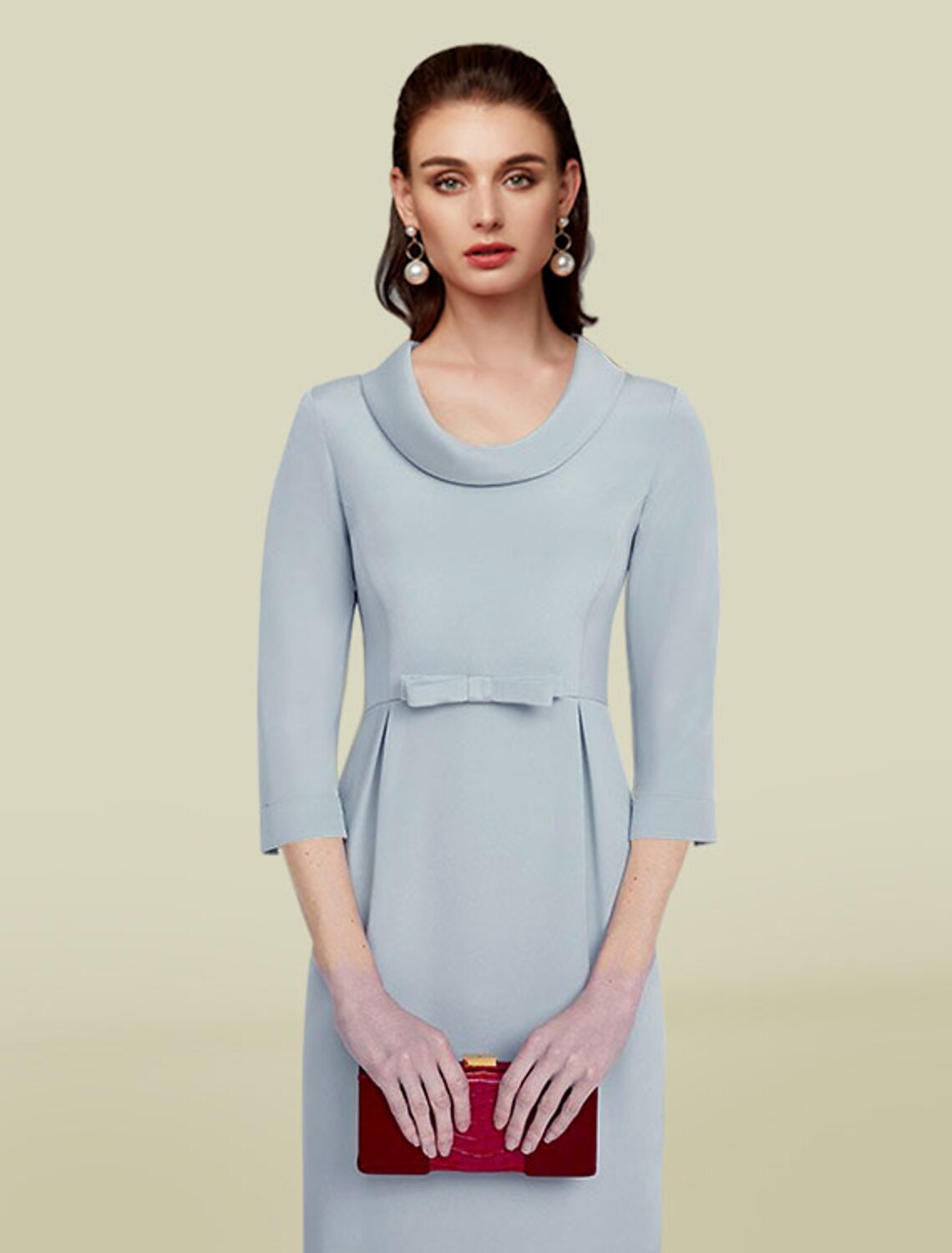 Sheath / Column Mother of the Bride Dress Elegant Jewel Neck Tea Length Italy Satin 3/4 Length Sleeve with Sash / Ribbon Bow(s)