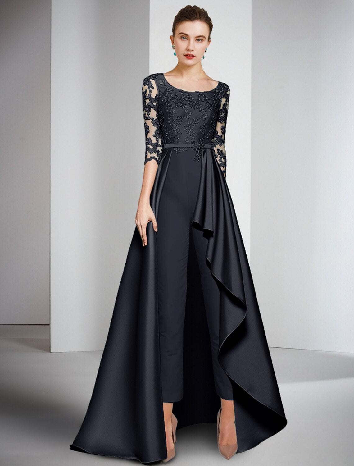 Two Piece Jumpsuit / Pantsuit Mother of the Bride Dress Formal Wedding Guest Elegant Scoop Neck Ankle Length Satin Lace Half Sleeve with Sash / Ribbon Appliques