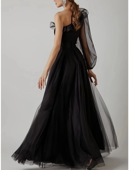 Vestido de fiesta tubo, vestido de graduación, vestido elegante, vestido de graduación, cumpleaños, largo hasta el suelo, manga larga, un hombro, tul con pliegues, volantes, abertura