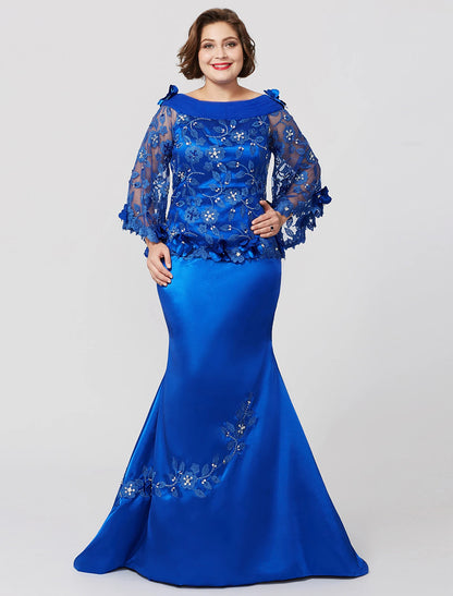 Vestido de sirena/trompeta para madre de la novia, formal, talla grande, elegante, escote barco, cola larga, encaje charmeuse, manga larga, sin mangas, con pliegues y volantes