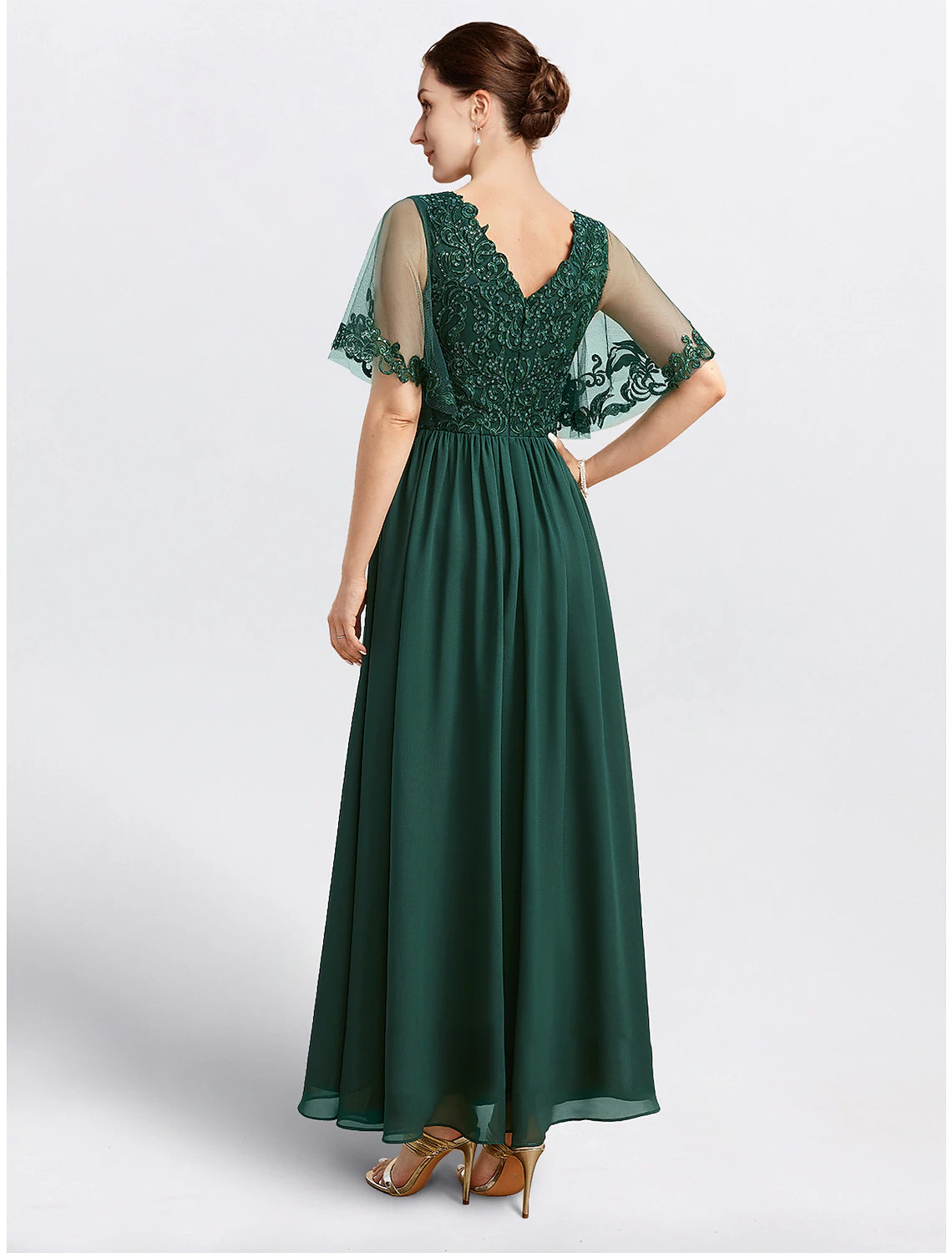 A-Line Mother of the Bride Dress Formal Wedding Guest Elegant Cape Dress V Neck Tea Length Chiffon Short Sleeve with Beading Appliques