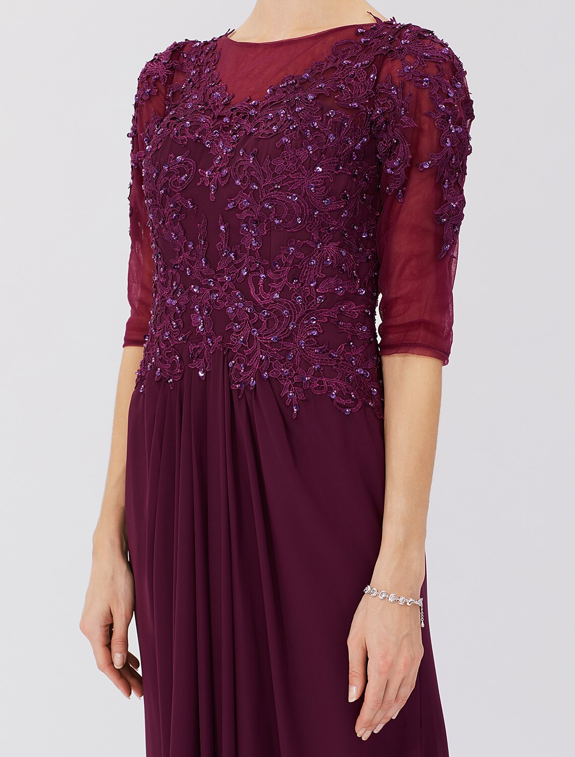 Sheath / Column Mother of the Bride Dress Formal Classic & Timeless Elegant & Luxurious See Through Illusion Neck Floor Length Chiffon Beaded Lace 3/4 Length Sleeve No with Pleats Beading