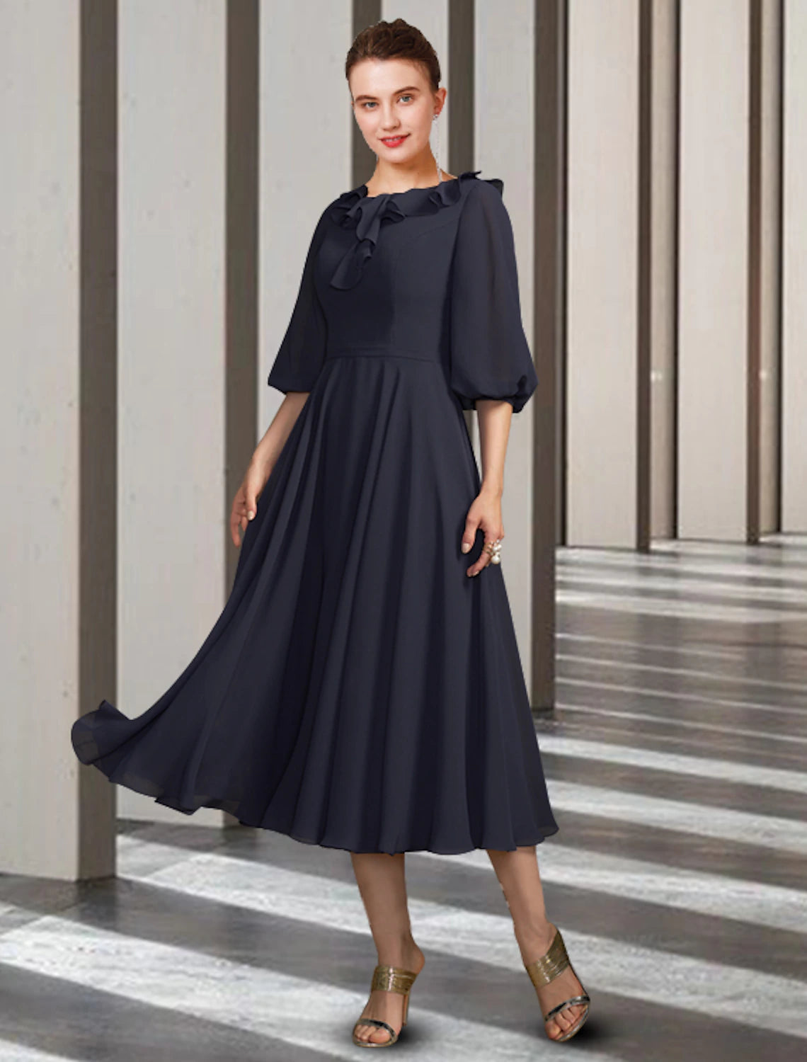 A-Line Mother of the Bride Dress Elegant Jewel Neck Tea Length Chiffon Half Sleeve with Pleats Ruffles