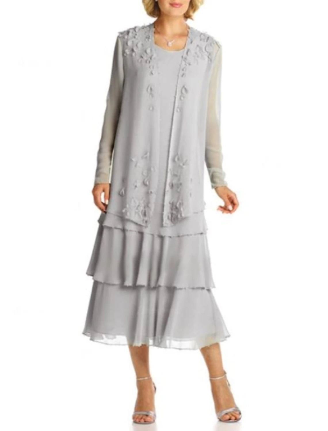 A-Line Mother of the Bride Dress Elegant Plus Size Jewel Neck Tea Length Chiffon Long Sleeve Jacket Dresses with Lace Sash / Ribbon