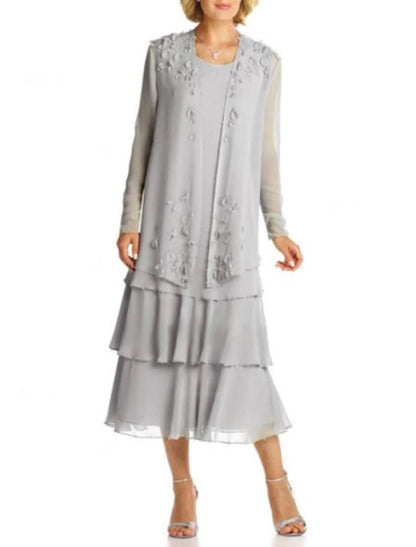 A-Line Mother of the Bride Dress Elegant Plus Size Jewel Neck Tea Length Chiffon Long Sleeve Jacket Dresses with Lace Sash / Ribbon