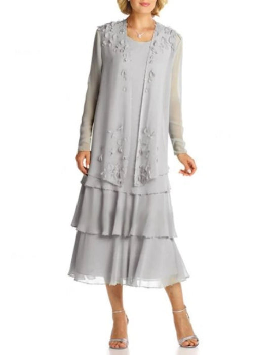 A-Line Mother of the Bride Dress Elegant Plus Size Jewel Neck Tea Length Chiffon Long Sleeve Jacket Dresses with Lace Sash / Ribbon