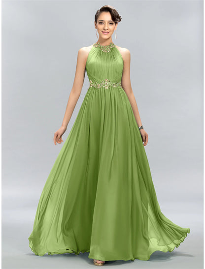 A-Linien-Kleid für Hochzeitsgäste, Maxikleid, Partykleidung, Hochzeitsfeier, bodenlang, ärmellos, Neckholder, Chiffon mit gerüschten Applikationen