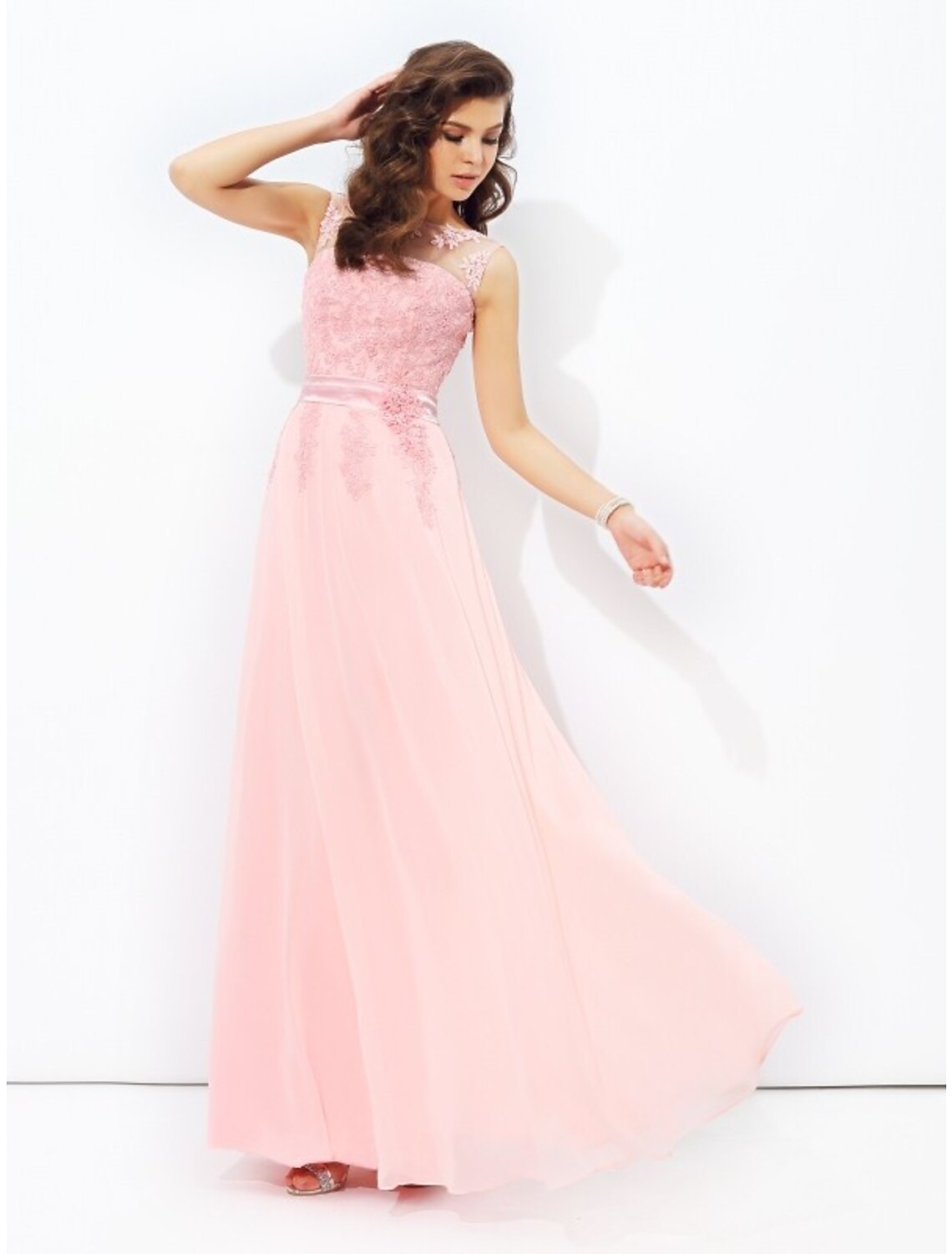 Vestidos de fiesta de corte A, brillantes y con brillo, para invitados de boda, formales, largos hasta el suelo, sin mangas, cuello joya, de gasa con apliques