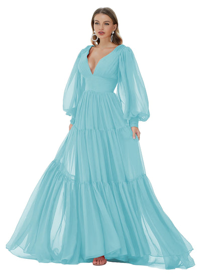 Vestidos de fiesta de corte A, sexys, para fiesta, formales, de noche, con cola larga y escote en V, de gasa con fruncido.