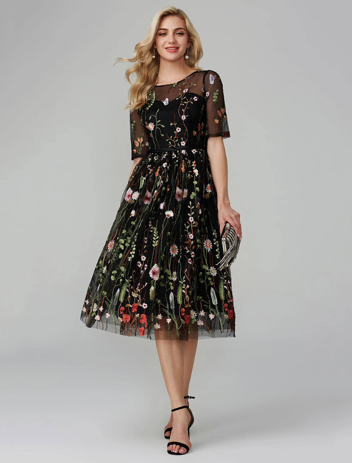 A-Linien-Partykleid für den Urlaub, Hochzeitsgast, knielang, Halbarm, Illusionsausschnitt, Herbst, Hochzeitsgast, Organza mit Stickapplikationen