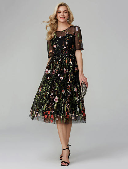A-Linien-Partykleid für den Urlaub, Hochzeitsgast, knielang, Halbarm, Illusionsausschnitt, Herbst, Hochzeitsgast, Organza mit Stickapplikationen
