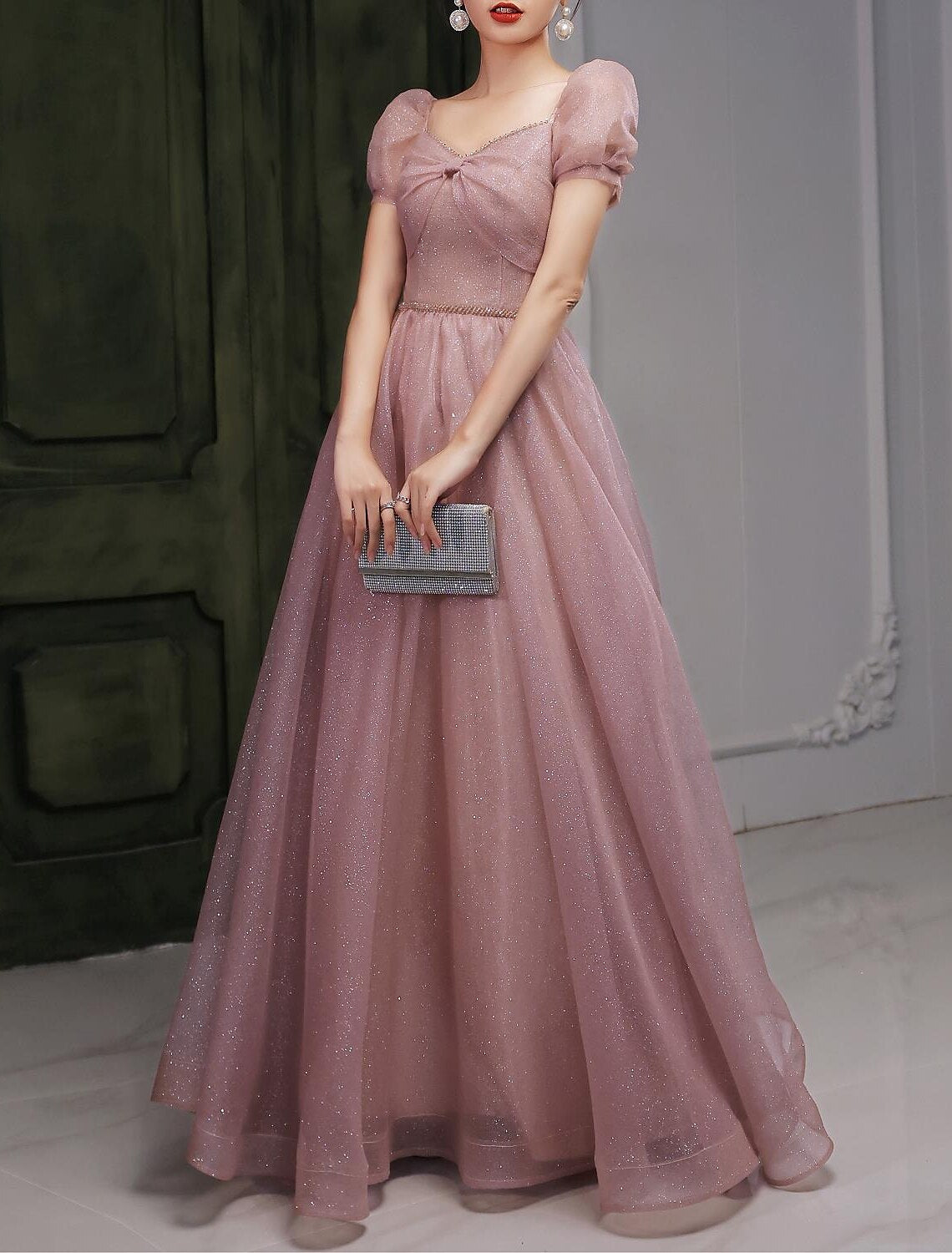 A-Line Beautiful Back Elegant Prom Formal Evening Birthday Dress Sweetheart Neckline Short Sleeve Floor Length Lace with Beading  / Puff Balloon Sleeve