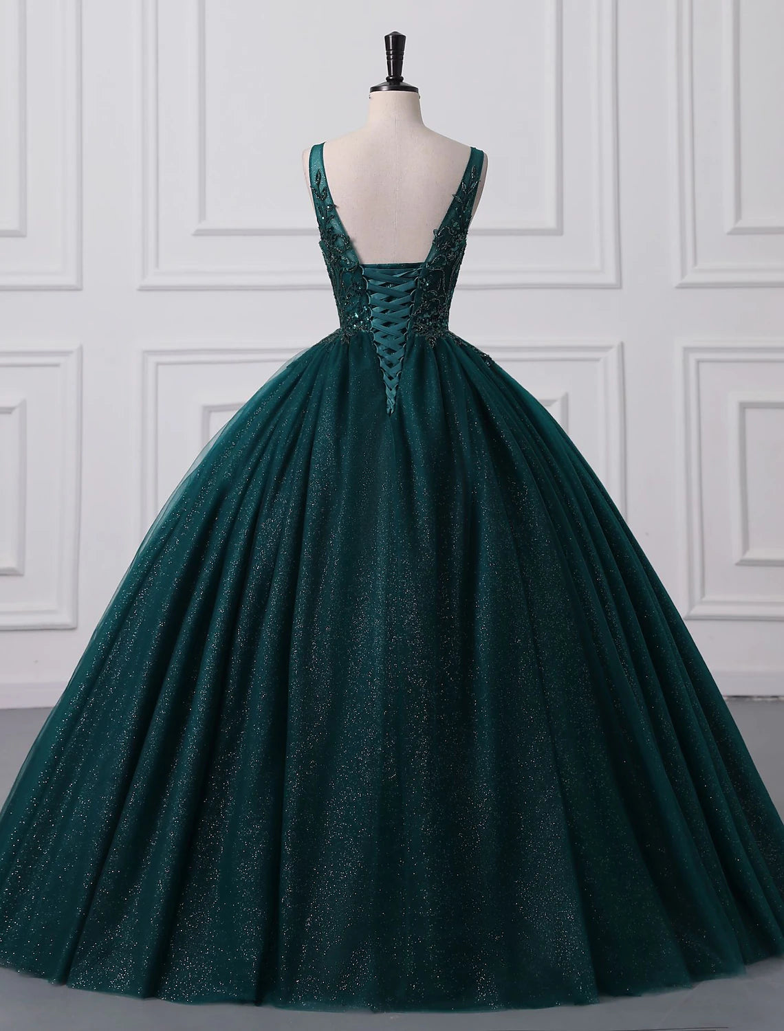 Vestido de fiesta con brillo y pedrería, para quinceañeras, cumpleaños, largo hasta el suelo, sin mangas, cuello en V, tul con apliques de lentejuelas.