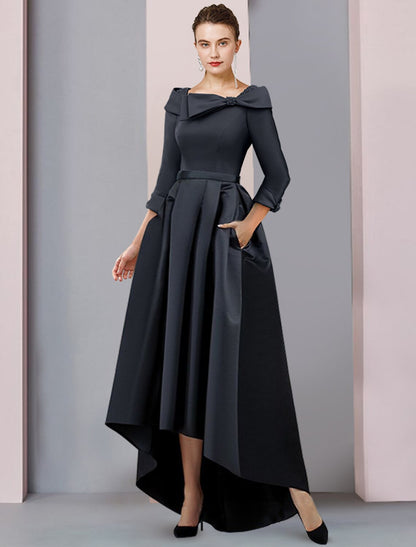 A-Linie Kleid für die Mutter der Braut, Hochzeitsgast, elegant, hoch, tief, U-Ausschnitt, asymmetrisch, knielang, Satin, 3/4-Ärmel, mit Schleife(n), Falten