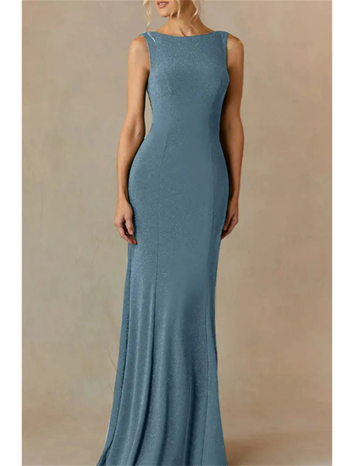 Vestido de sirena/trompeta para madre de la novia, para invitada de boda, minimalista, brillante y elegante, cuello barco, largo hasta el suelo, poliéster, sin mangas, con color sólido
