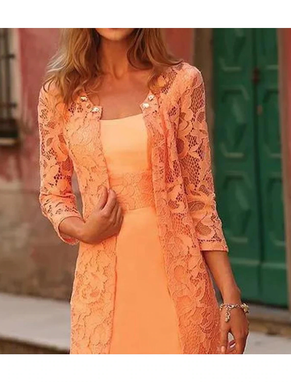 Two Piece A-Line Mother of the Bride Dress Wedding Guest Church Jewel Neck Knee Length Polyester Lace 3/4 Length Sleeve Jacket Dresses with Appliques