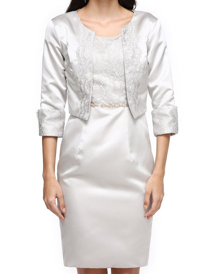 Sheath / Column Mother of the Bride Dress Two Piece Jewel Neck Short / Mini Satin Half Sleeve No with Pleats