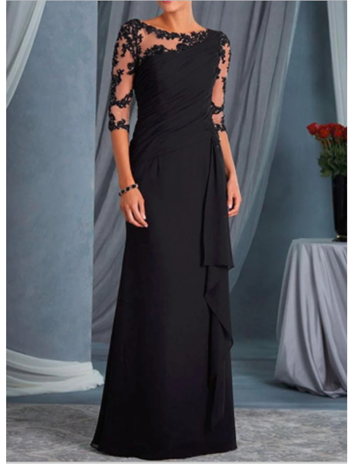 A-Line Mother of the Bride Dress Wedding Guest Plus Size Bateau Neck Floor Length Chiffon Lace Half Sleeve with Draping Appliques