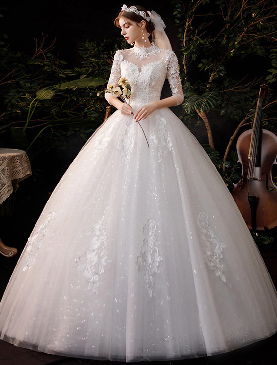 Vestidos de novia de recepción, vestido de baile, cuello alto, media manga, largo hasta el suelo, vestidos de novia de encaje con apliques