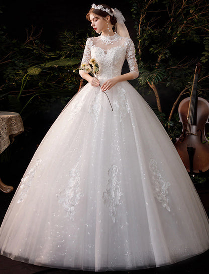 Vestidos de novia de recepción, vestido de baile, cuello alto, media manga, largo hasta el suelo, vestidos de novia de encaje con apliques