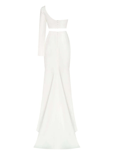 Vestido tubo/columna minimalista sexy para fiesta de cumpleaños, un hombro, manga larga, cola de corte, satén con abertura, color puro