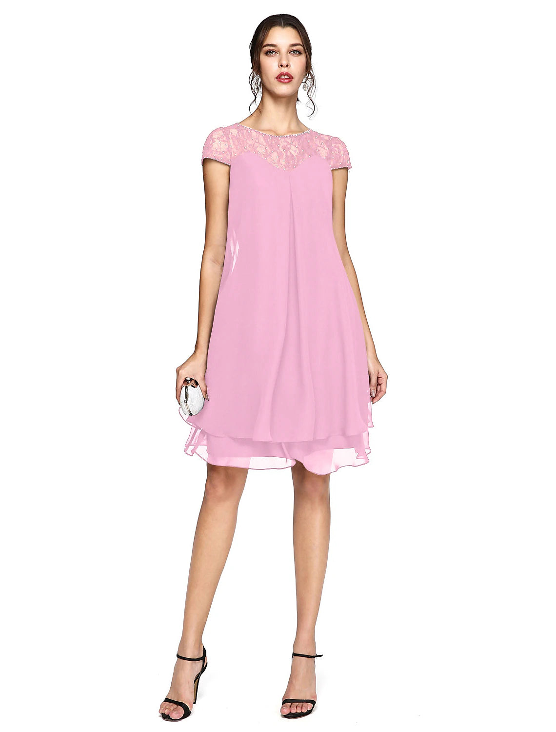 Vestido de madre de la novia de corte A, talla grande, elegante, cuello ilusión, largo hasta la rodilla, gasa, encaje, manga corta con lentejuelas