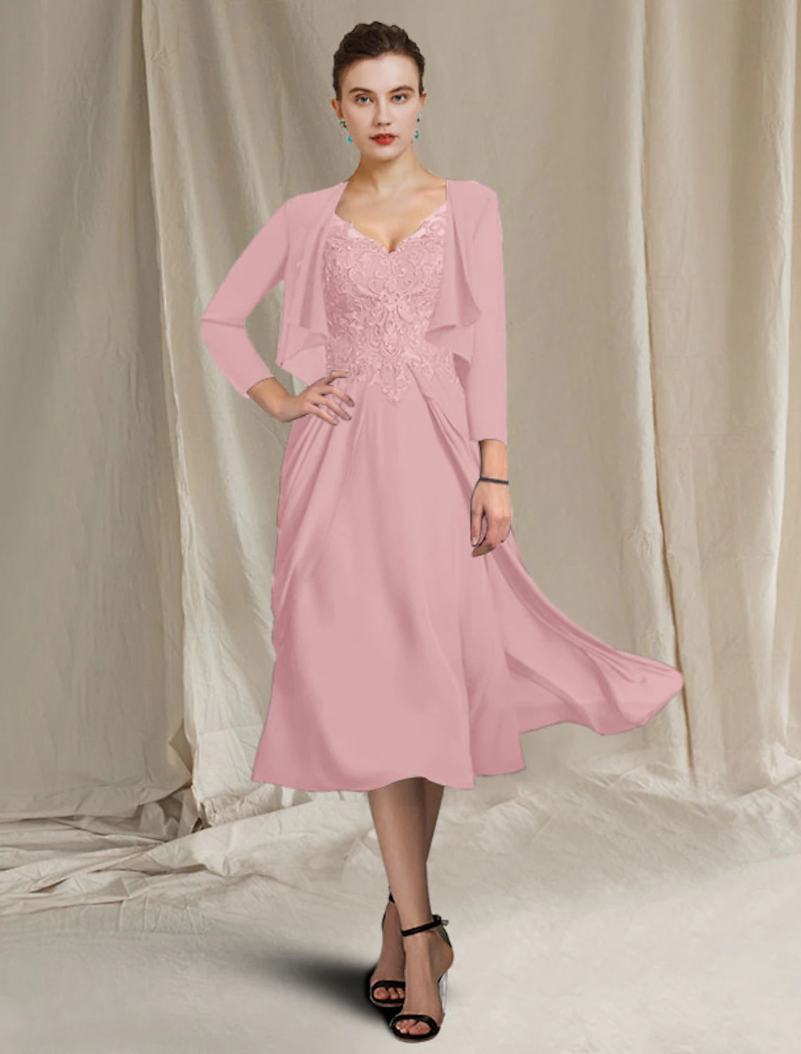 Vestido de madre de la novia de corte A, talla grande, elegante, escote en V, largo hasta la rodilla, de gasa, encaje, manga corta, cruzado, incluido con apliques