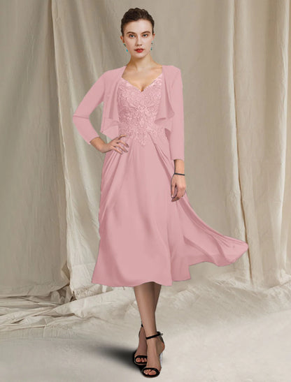A-Line Mother of the Bride Dress Plus Size Elegant V Neck Tea Length Chiffon Lace Short Sleeve Wrap Included with Appliques
