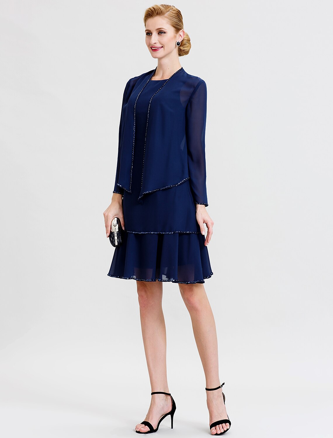 Vestido de gasa para madre de la novia, de dos piezas, con escote redondo, largo hasta la rodilla, con cuentas y lentejuelas.