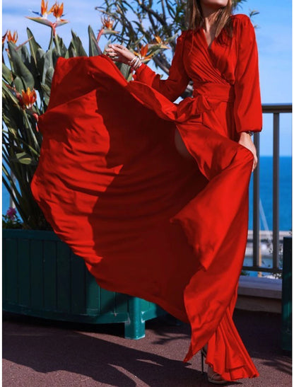 Vestido de dama de honor con corte en V, cuello en V, manga larga, estilo vintage, cola larga, imitación seda, con faja, cinta y abertura frontal.