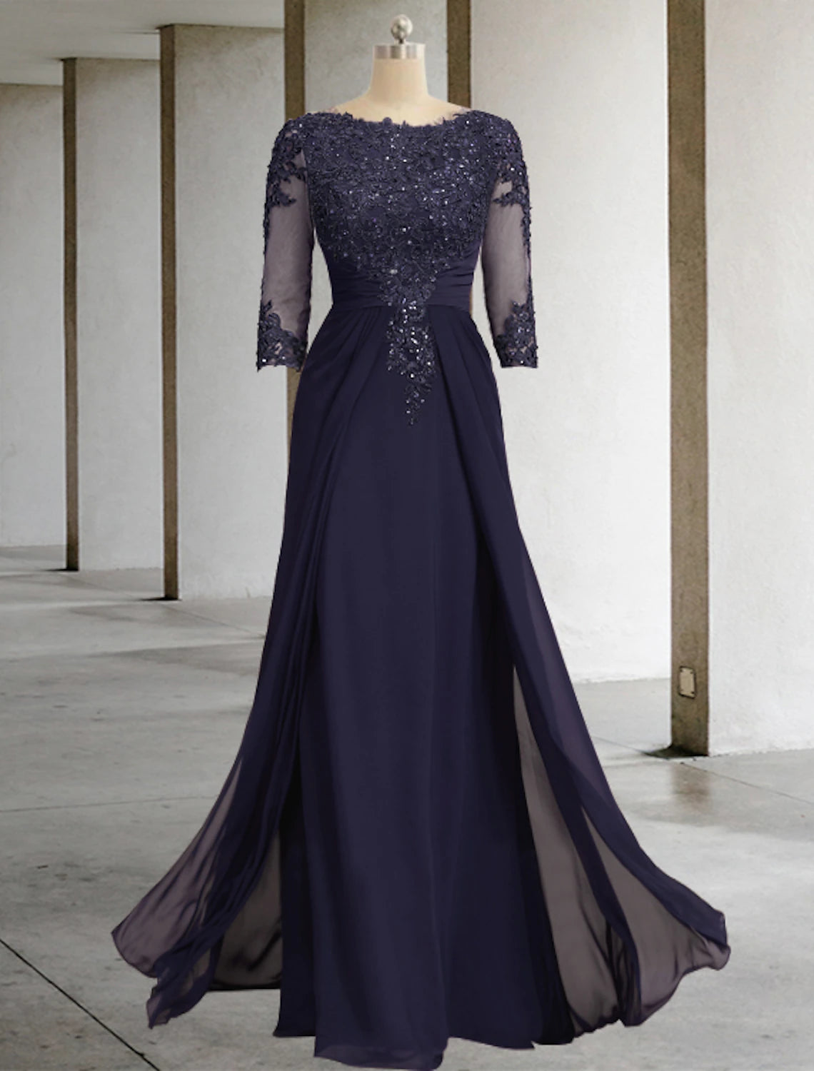 Vestido de madre de la novia con corte tubo/columna, elegante, para invitadas a bodas de otoño, con brillo y brillo, cuello joya, asimétrico, largo hasta el suelo, de gasa, con encaje, mangas 3/4 y apliques de lentejuelas.