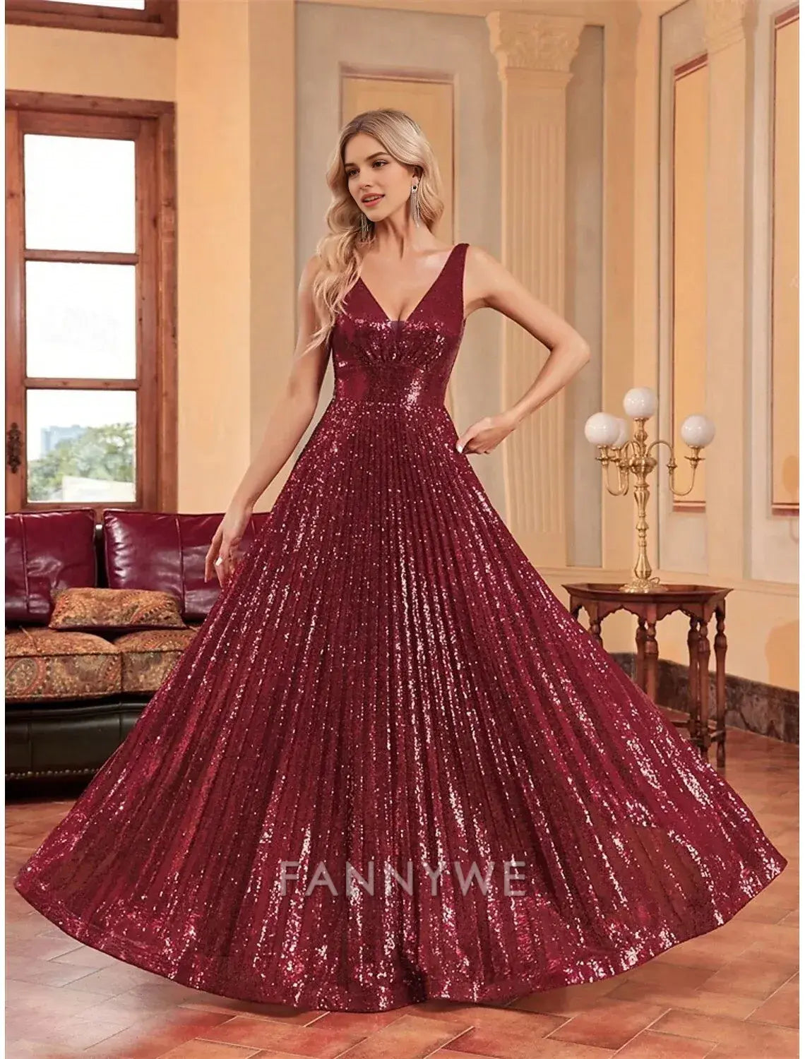 FannyWe Simple A-Line Prom Dresses Party Dress Evening Party Cocktail Party Floor Length Sleeveless Plunge Neck Polyester with Glitter Knief Pleats