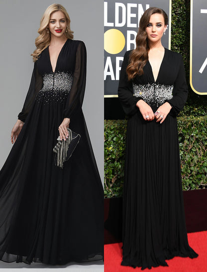 A-Line Evening Dress Celebrity Red Carpet Formal Gown Party Dress Black Tie Wedding Guest Floor Length Long Sleeve V Neck Chiffon with Sequin