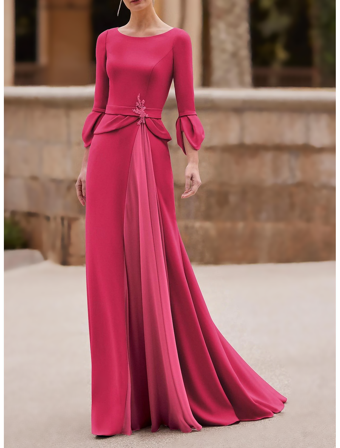 Mermaid / Trumpet Mother of the Bride Dress Wedding Guest Elegant Jewel Neck Floor Length Chiffon Crepe 3/4 Length Sleeve with Crystal Brooch stretch dress free custom size